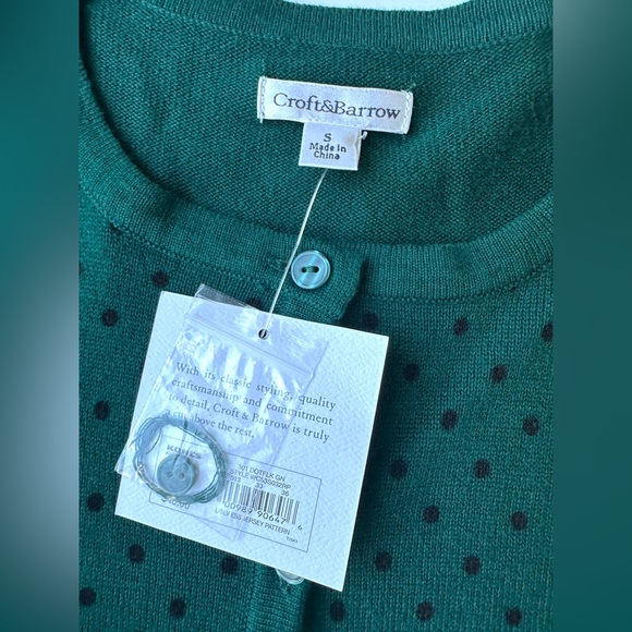 NWT Croft & Barrow Green Black Polka Dot Classic Cotton Cardigan Women’s Small - Picture 2 of 6
